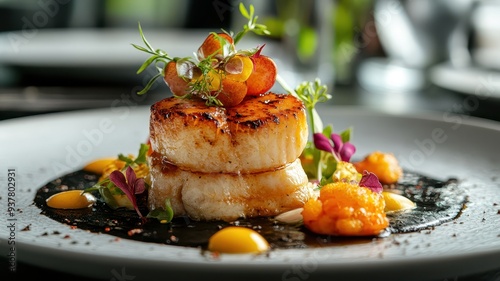 A beautifully plated gourmet dish featuring seared scallops, vibrant garnishes, and creative presentation for culinary enthusiasts. photo