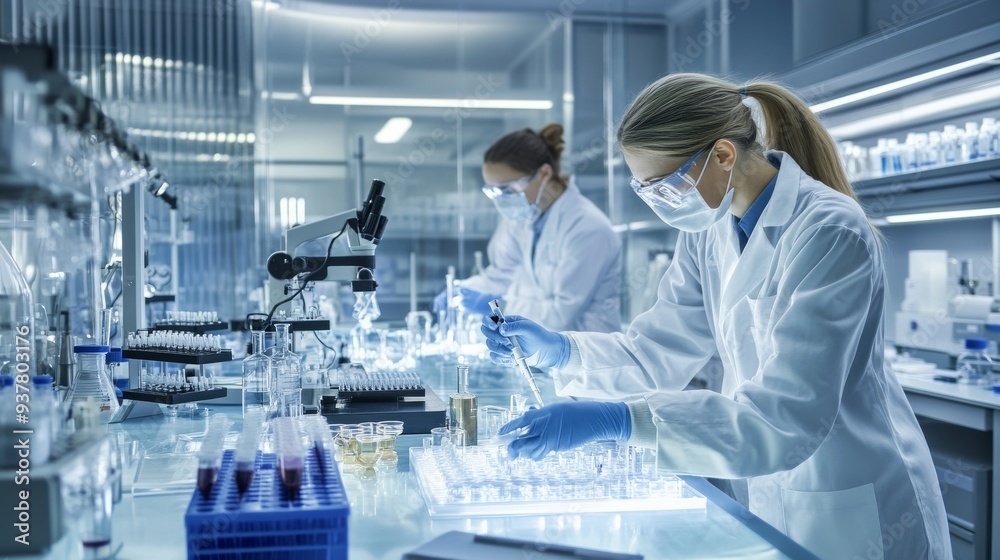 Pharmaceutical Lab: Researchers Analyzing Samples in a Clean and Organized Workspace Pharmaceutical Lab: Researchers Analyzing Samples in a Clean and Organized Workspace
