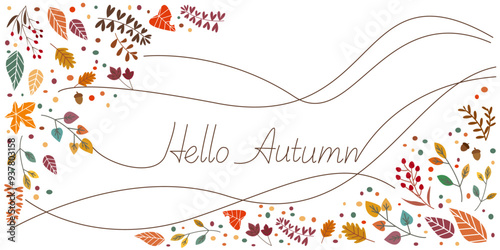 Autumn leaves and natural elements illustration. Autumnal decoration background. Vector illustration.