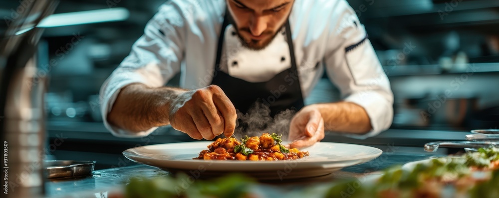 A chef meticulously plating a gourmet dish in a modern kitchen, showcasing culinary artistry and attention to detail. A chef meticulously plating a gourmet dish in a modern kitchen, showcasing culinary artistry and attention to detail.