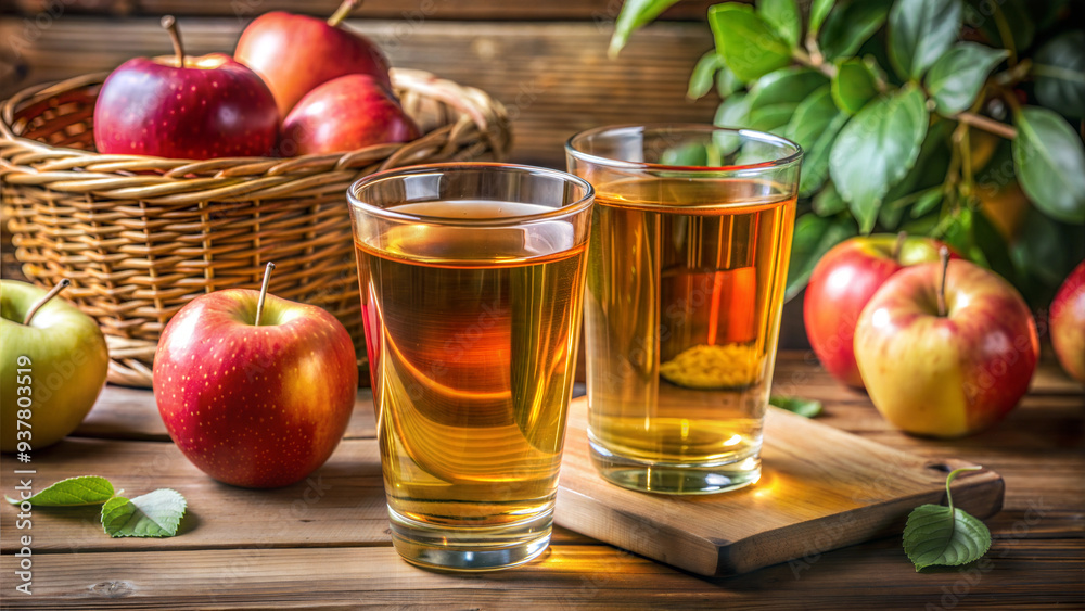 Two Glasses of Apple Juice on a Table with Ripe Apples Two Glasses of Apple Juice on a Table with Ripe Apples