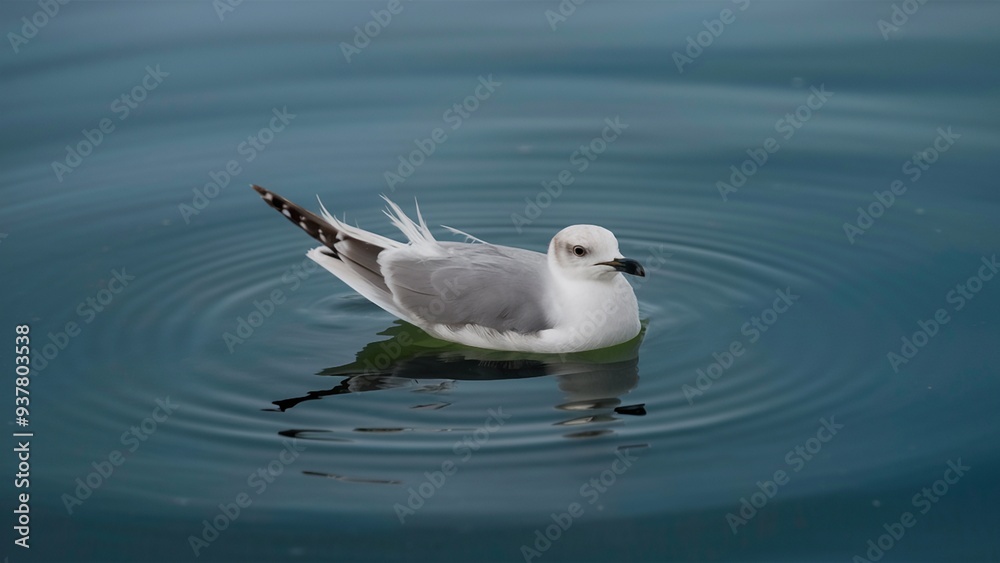 A solitary seagull's feather floating on calm water A solitary seagull's feather floating on calm water
