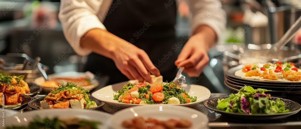 A chef prepares fresh salads in a modern kitchen, showcasing vibrant ingredients and culinary expertise. A chef prepares fresh salads in a modern kitchen, showcasing vibrant ingredients and culinary expertise.