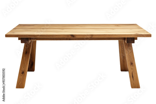 A rustic wooden table with sturdy legs, perfect for dining or workspace, showcasing natural wood grain and simple design.