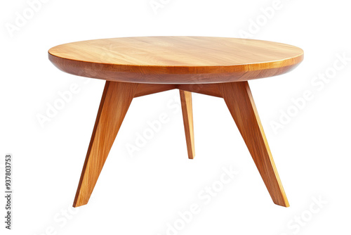 A stylish, modern, round wooden table with elegant tapered legs, perfect for any contemporary living space or dining area.