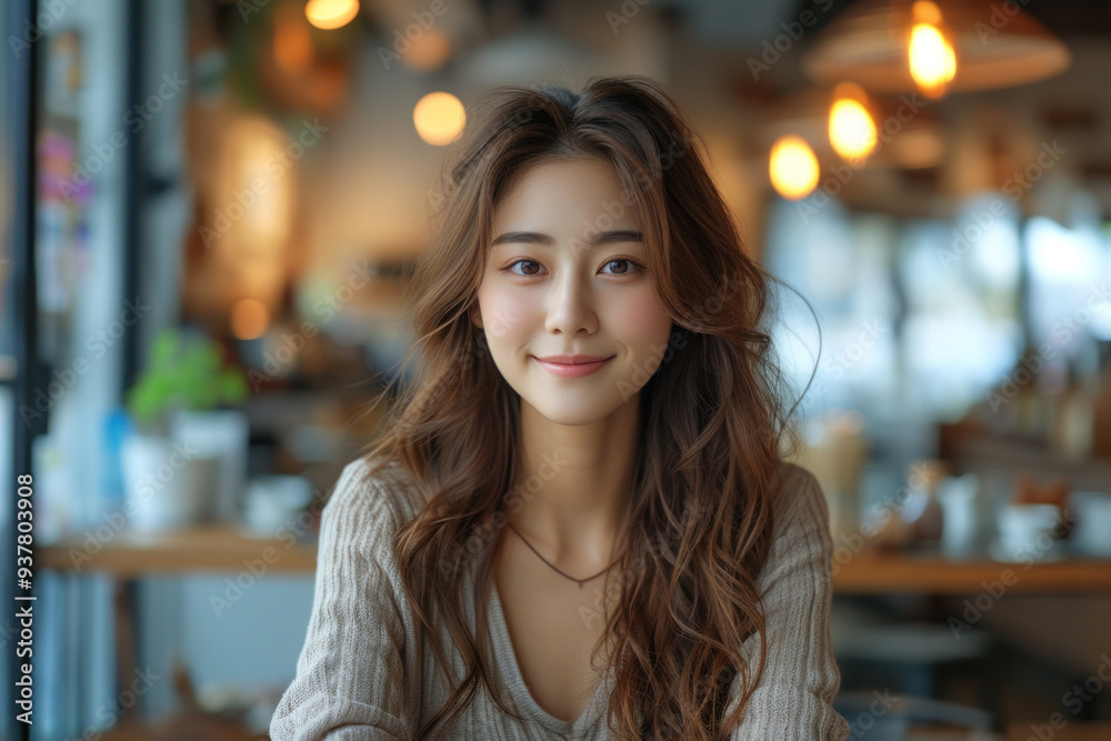 Smiling young woman in cozy cafe environment with soft lighting Smiling young woman in cozy cafe environment with soft lighting