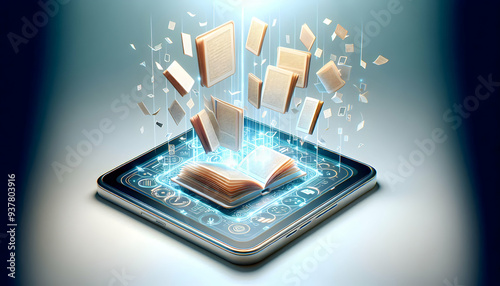 Wallpaper Mural Holographic Ebook Reader with Floating Glowing Pages Symbolizing Digital Reading in Online Education on White Background - Concept for Online Learning and Branding Torontodigital.ca