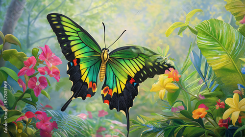 Beautiful and colorful birdwing butterfly with a beautiful background. photo