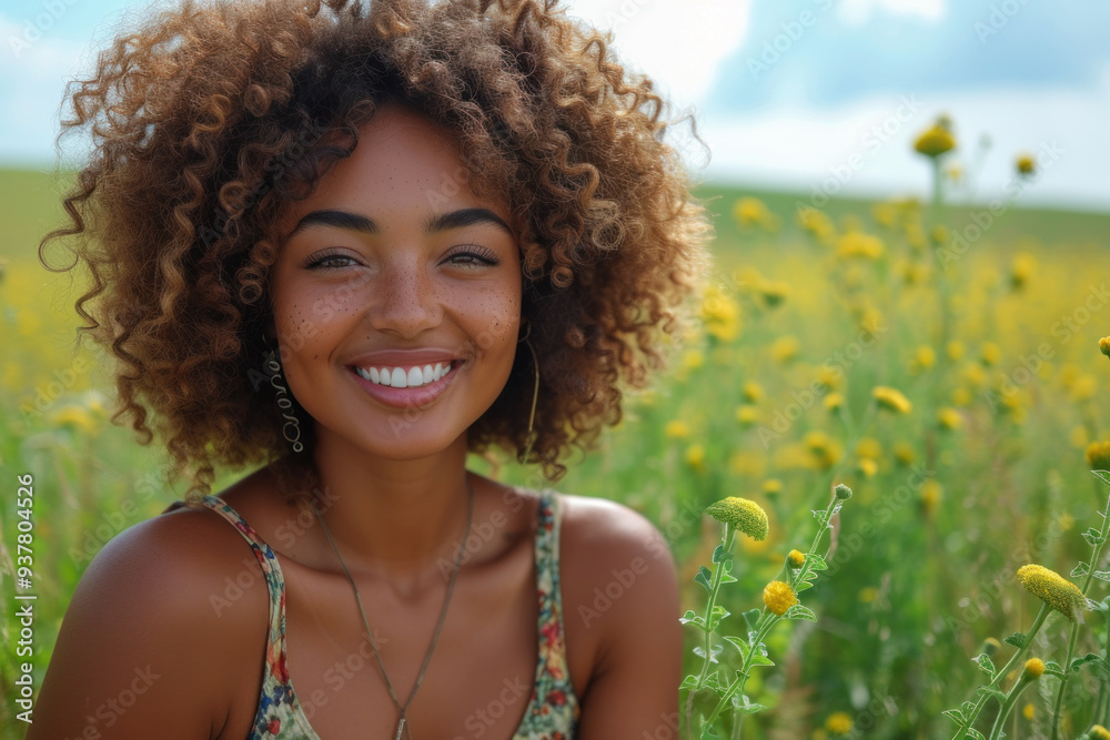 Young woman with curly hair smiling in sunlit meadow Young woman with curly hair smiling in sunlit meadow