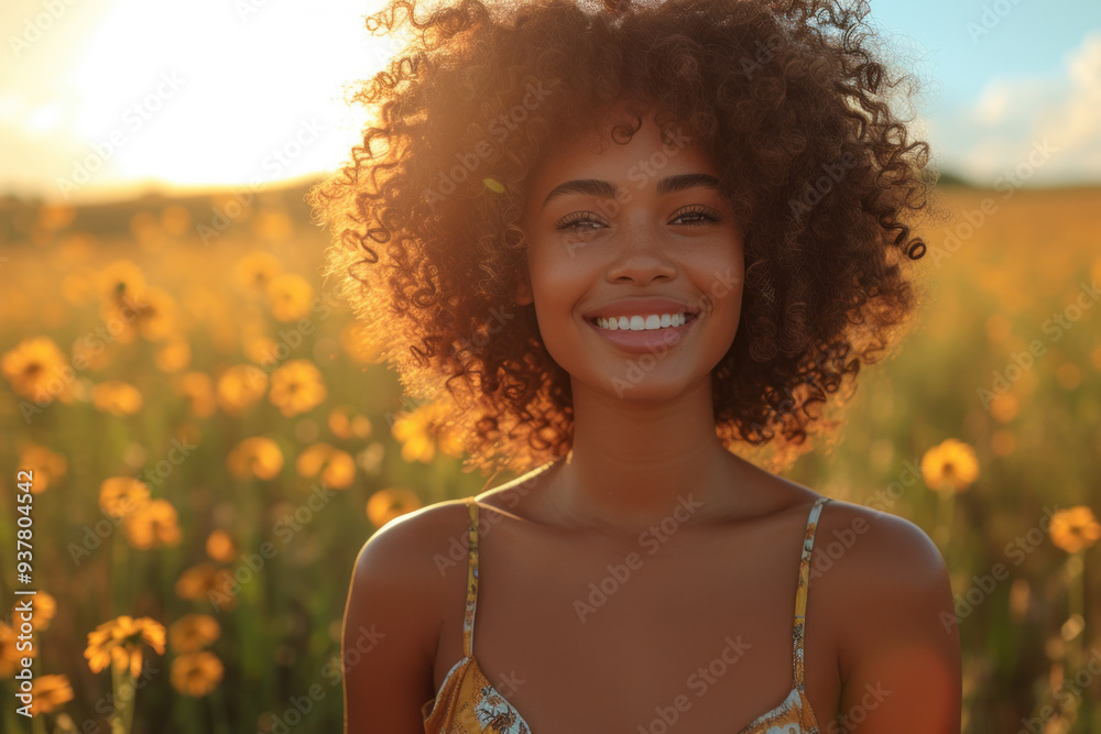 Young woman smiling in sunny field of yellow flowers Young woman smiling in sunny field of yellow flowers