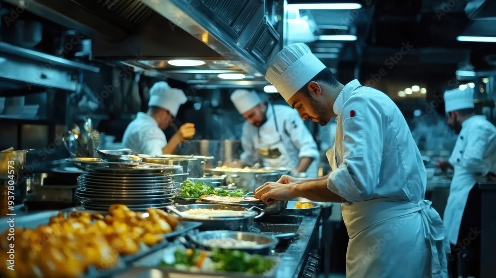 A professional chef meticulously prepares a gourmet dish in a bustling kitchen, showcasing culinary artistry and teamwork. A professional chef meticulously prepares a gourmet dish in a bustling kitchen, showcasing culinary artistry and teamwork.