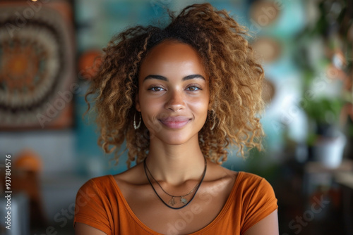 Smiling young woman with curly hair in colorful background