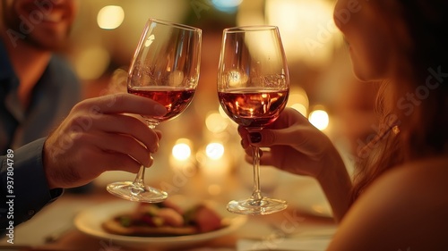 A romantic dinner setting with two glasses of red wine being toasted, illuminated by soft candlelight.