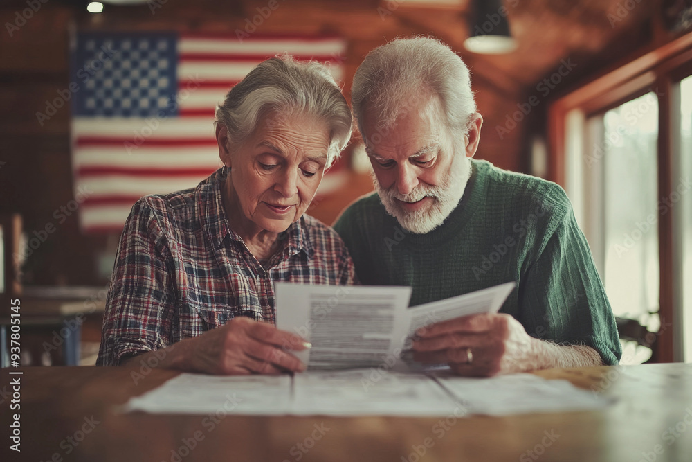 Elderly couple sitting together at a table, carefully reading and discussing documents with an American flag in the background.
Elderly couple sitting together at a table, carefully reading and discussing documents with an American flag in the background.
