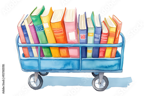 A colorful book cart filled with various books evokes sense of curiosity and joy for reading.