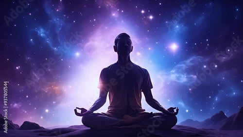 Fantasy scene of a man meditating at night in a lotus yoga pose.