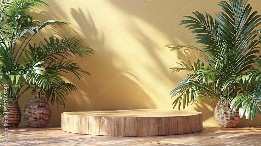 Wooden podium with tropical plants and sunlight for product display, blending natural elements with a bright, inviting atmosphere. Wooden podium with tropical plants and sunlight for product display, blending natural elements with a bright, inviting atmosphere.