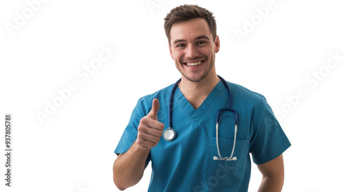 Smiling male healthcare professional giving a thumbs up, wearing scrubs and a stethoscope, representing positivity in medicine. photo