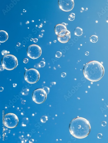 Wallpaper Mural Sparkling Bubbles Floating in a Blue Sky - A serene image of transparent bubbles floating in a clear blue sky, symbolizing purity, lightness, dreams, joy, and hope. Torontodigital.ca