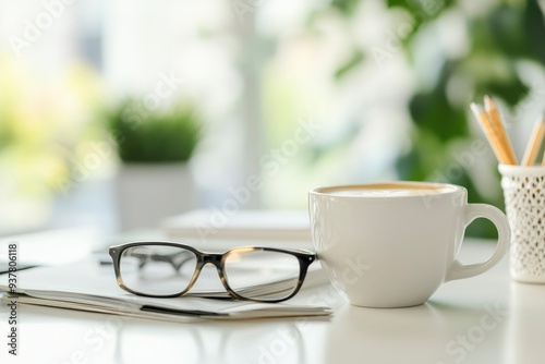 Close up view of workspace with stationery, glasses and coffee cup on white table with blurred background with generative ai