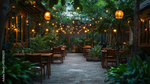 Charming outdoor dining area with warm lights, lush greenery, and wooden tables creating a cozy ambiance.