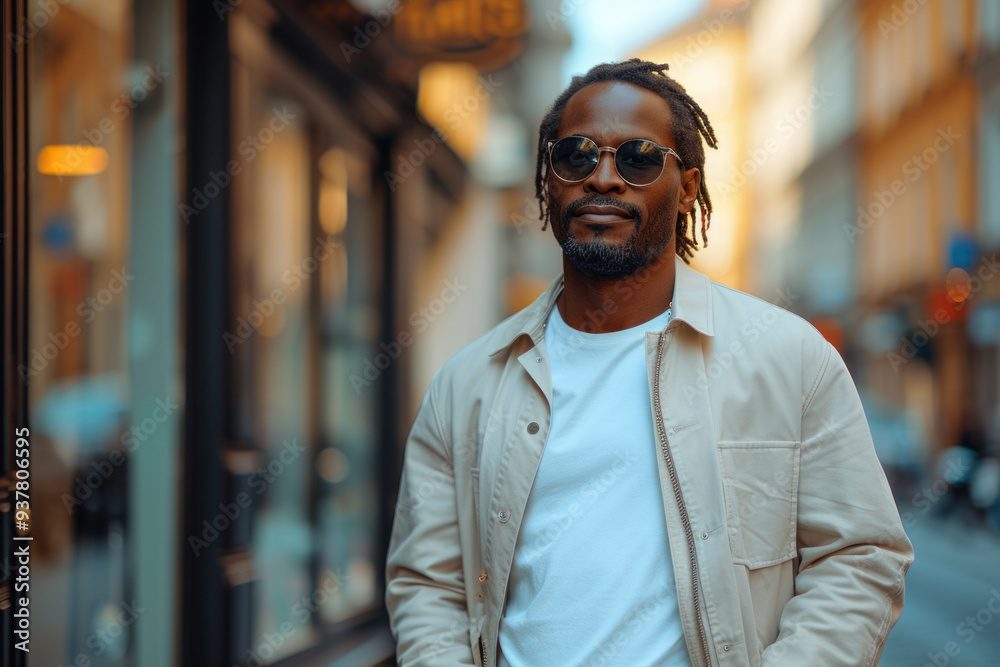 Fototapeta premium Confident man in casual attire walking on urban street