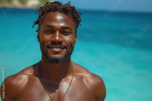 Smiling man with dreadlocks enjoying sunny beach day