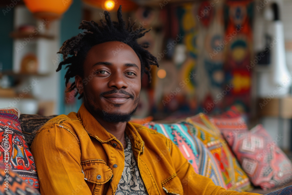 Fototapeta premium Smiling man in colorful cafe with vibrant decor and warm lighting