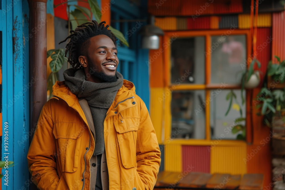 Smiling young man in colorful urban setting with plants Smiling young man in colorful urban setting with plants