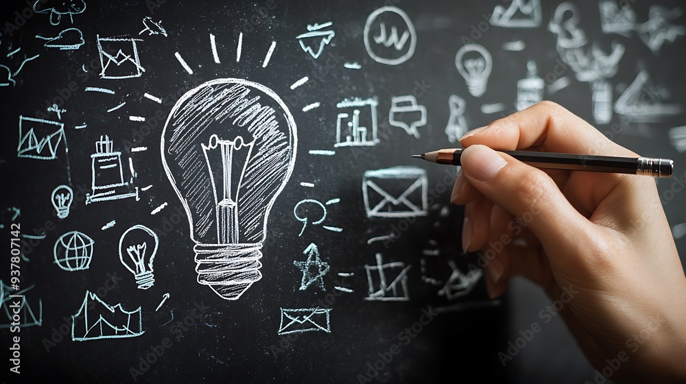 Hand drawing lightbulb idea on blackboard with chalk, capturing the moment of inspiration in a visually simple yet powerful design. Hand drawing lightbulb idea on blackboard with chalk, capturing the moment of inspiration in a visually simple yet powerful design.