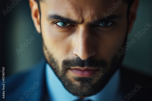 Close-up of a handsome Dubai businessman with a serious and intense expression. He is wearing a business suit. His eyes are focused, giving the impression of urgency or attention with generative ai