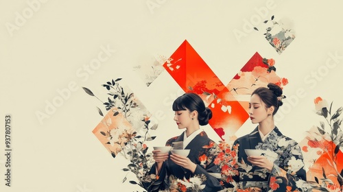 Captivating Japanese Sake Ceremony: Women Dressed in Kimono Celebrate Tradition with Artful Elegance and Serenity.