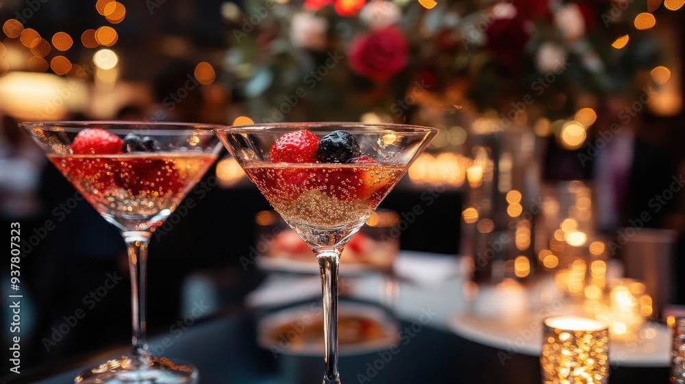 Elegant cocktails with berries on a festive table, creating a perfect ambiance for celebrations and special occasions.