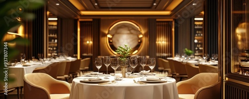 Elegant dining room featuring stylish decor, fine tableware, and ambient lighting, perfect for a luxurious dining experience.