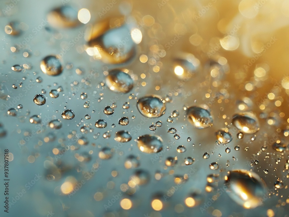 Macro shot of water droplets on a surface, reflecting soft light and creating a bokeh effect. Macro shot of water droplets on a surface, reflecting soft light and creating a bokeh effect.