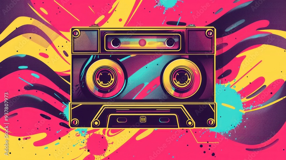 Fototapeta premium Retro audio cassette illustration with vibrant neon colors and abstract patterns. Bright and dynamic background.