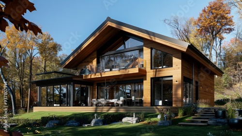 A bird's eye view of a contemporary style cottage. Features a wooden structure. large window and a steeply pitched roof