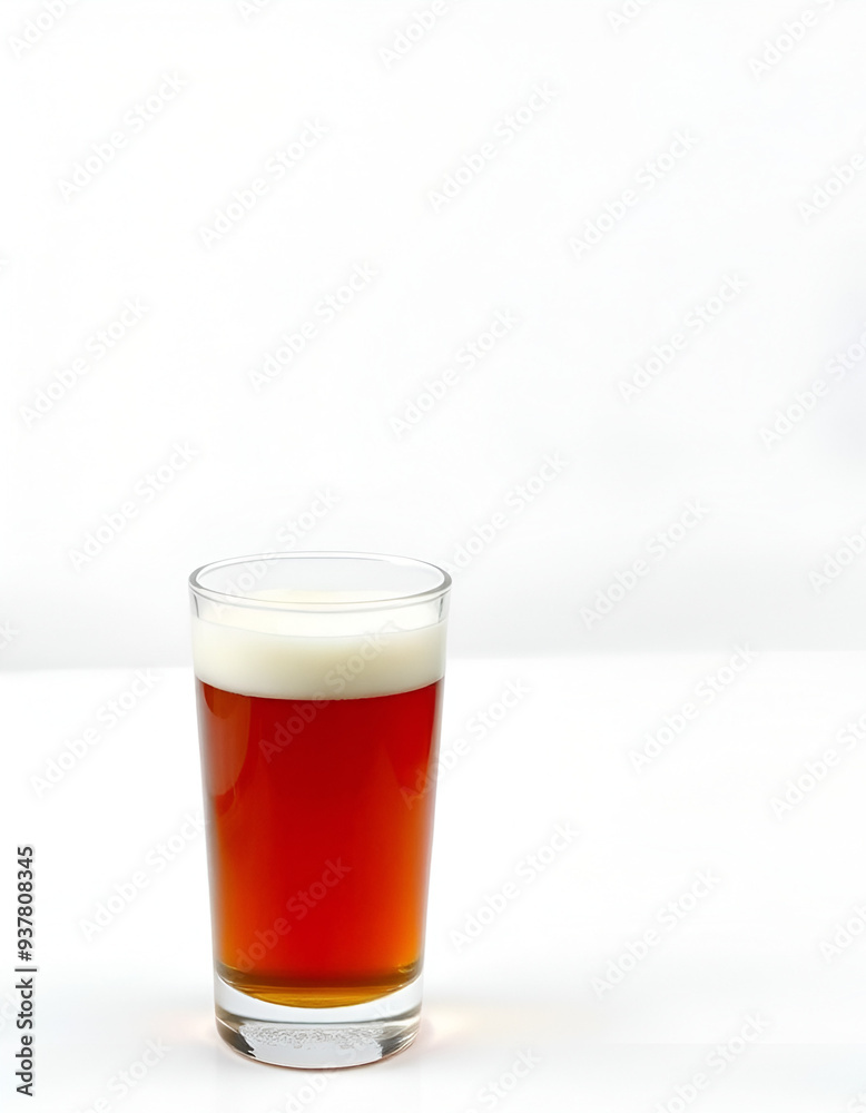glass of amber colored beer with a thick white head against a plain white background glass of amber colored beer with a thick white head against a plain white background