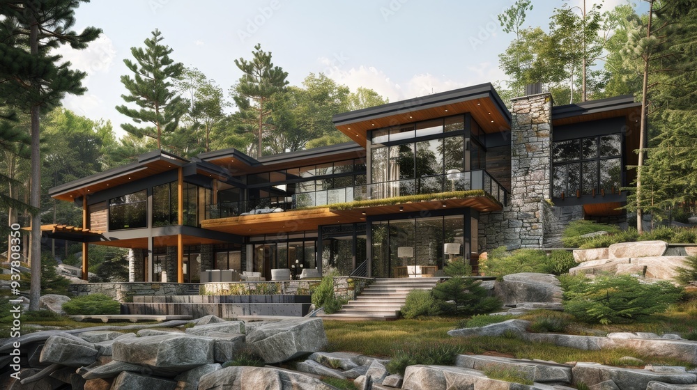 An aerial view of a modern mountain retreat. Showcasing integration with the natural landscape. big window and highlighted with stones An aerial view of a modern mountain retreat. Showcasing integration with the natural landscape. big window and highlighted with stones