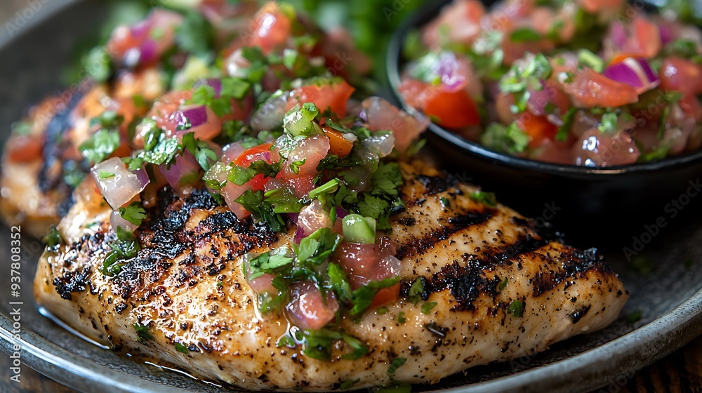 Grilled chicken with fresh pico de gallo salsa, blending the rich and spicy flavors of a classic dish in a visually appealing and mouthwatering presentation. Grilled chicken with fresh pico de gallo salsa, blending the rich and spicy flavors of a classic dish in a visually appealing and mouthwatering presentation.