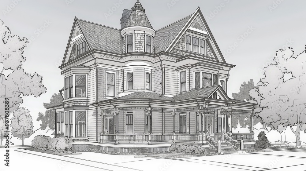 Obraz premium an elevation view of a Victorian house, showcasing its ornate trim, bay windows, and decorative gables.