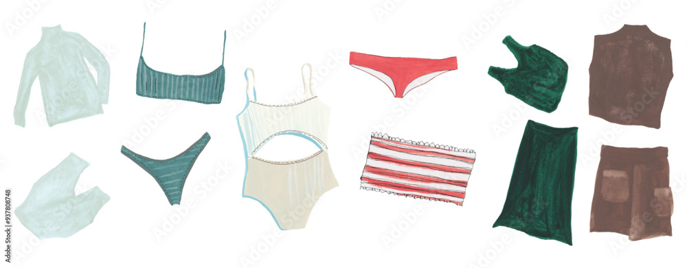 Watercolor Set of Swimming Suits and Summer Outfits Hand-Drawn Colorful Fashion Illustration Watercolor Set of Swimming Suits and Summer Outfits Hand-Drawn Colorful Fashion Illustration