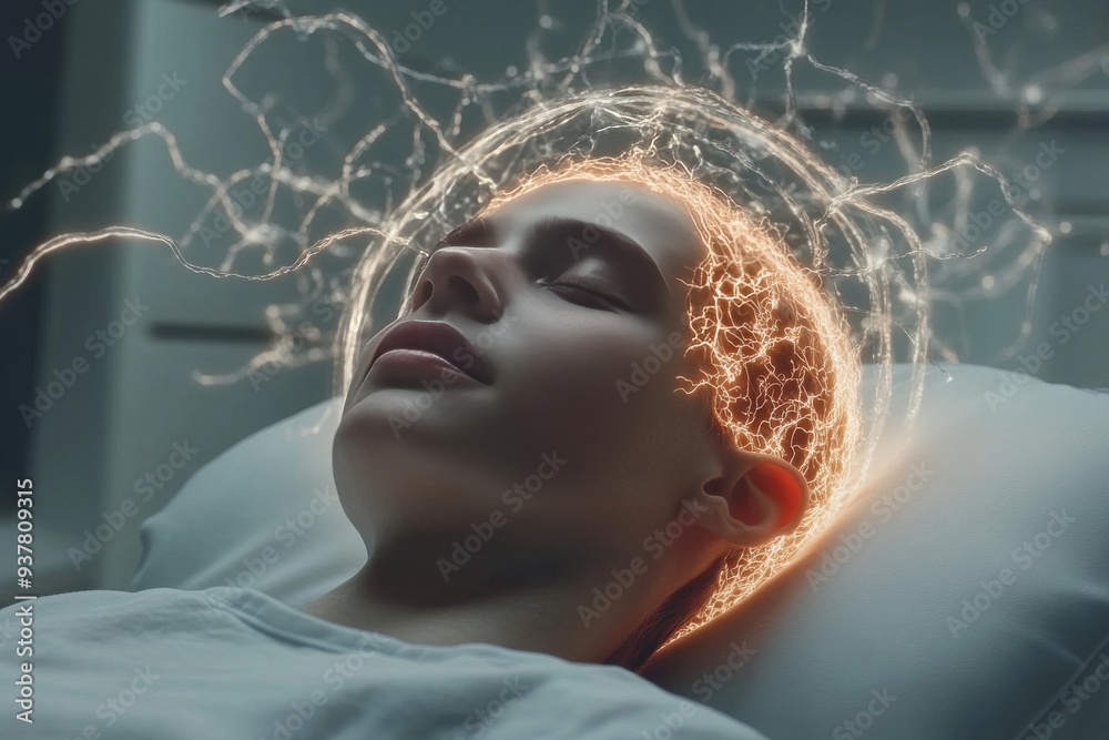 Portrait of a man lying with a glowing brain symbolizing intelligence creativity and the power of thought in a calm introspective setting Portrait of a man lying with a glowing brain symbolizing intelligence creativity and the power of thought in a calm introspective setting