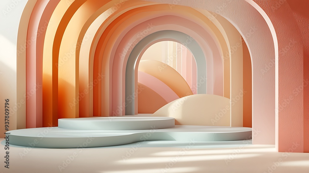 Abstract pastel archway with podium for product display, blending soft tones and clean lines in a visually soothing and contemporary design. Abstract pastel archway with podium for product display, blending soft tones and clean lines in a visually soothing and contemporary design.