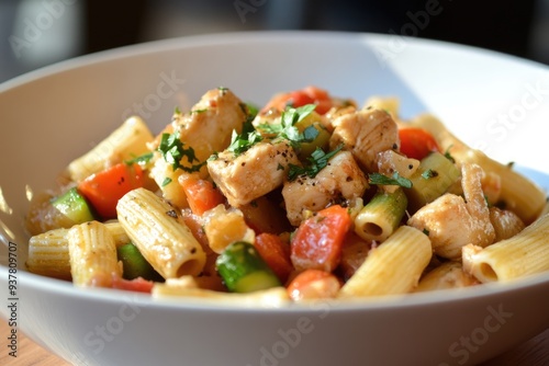 Close-up of a Delicious Pasta Dish with Chicken and Vegetables