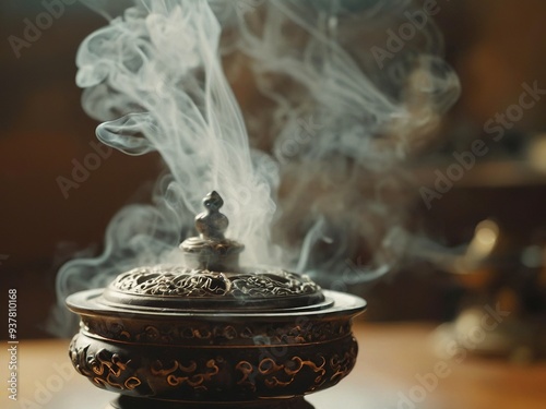 A close-up of a silver incense burner with smoke rising from it. The smoke is white and wispy, and the burner is ornately decorated with a floral pattern. The background is blurred.