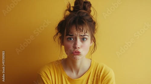 Portrait of a Woman with a Pouty Expression Against a Yellow Background