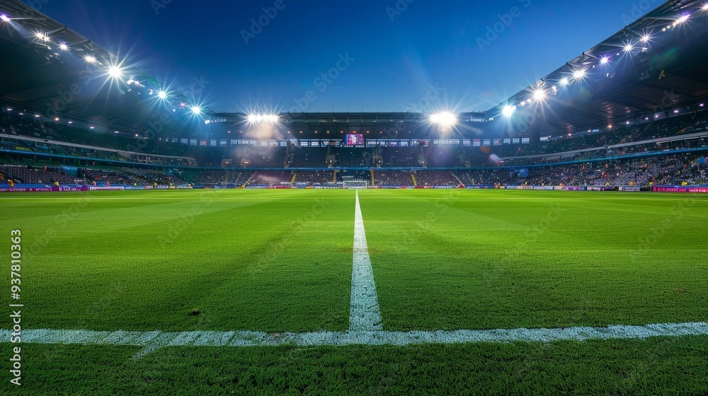 Fototapeta premium Evening view of stadium lights illuminating a football field during a match.