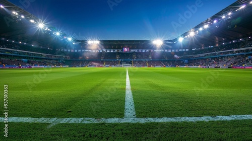 Evening view of stadium lights illuminating a football field during a match.