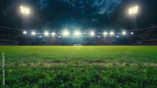 Evening view of stadium lights illuminating a football field during a match.